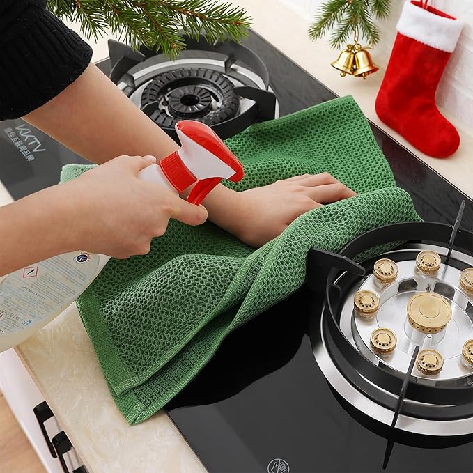 Homaxy 100% Cotton Waffle Weave Kitchen Dish Towels, Ultra Soft Absorbent Quick Drying Cleaning Towel, 13 x 28 Inches, 4-Pack, Grass Green