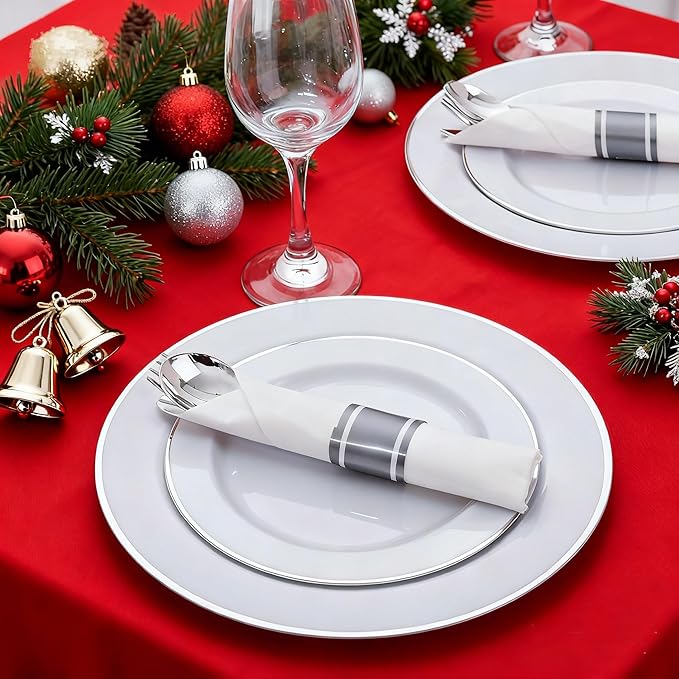 SUT 50 Pack Pre Rolled Silverware Set Disposable, 200 Pcs Silver Plastic Utensils Include 50 Forks, 50 Knives, 50 Spoons and 50 Napkins, Plastic Cutlery, Wrapped Silverware Set Disposable for Party