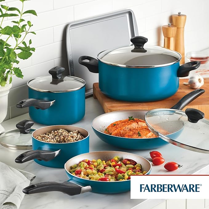 Farberware 20361 Dishwasher Safe Nonstick Cookware Set / Pots and Pans Set - 15 Piece, Blue