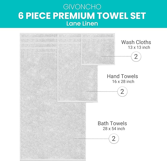 6-Piece 600 GSM Turkish Cotton Towel Set – Luxury Soft & Absorbent Bath Towels, Hand Towels & Washcloths – Premium Bathroom Essentials for Home, Guest Bath & Apartments