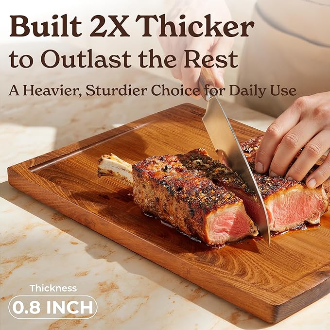 SMIRLY Wood Cutting Boards for Kitchen Wooden Chopping Board Set Reversible with Deep Juice Grooves Grip Handles, Large Charcuterie Tray, Ideal for Chopping Meat Vegetables Teak Wood, 3Pcs with Holder