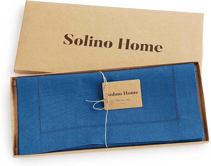 Solino Home Linen Indigo Blue Table Runner 72 Inches Long - 100% Pure Linen Hemstitch Table Runner 14 x 72 Inch for Dresser, Dining, Winter, New Year - Classic Hemstitch