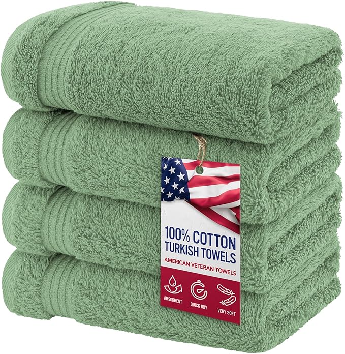 American Veteran Towel, Hand Towels for Bathroom Set of 4, 100% Cotton Turkish Hand Towel Sets, Soft Hand Face Towels, Sage Green Hand Towels