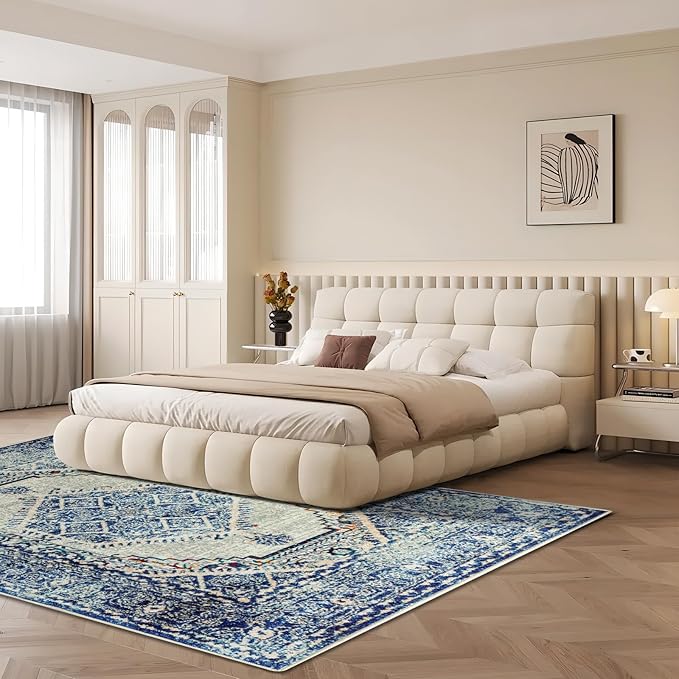 Easy-Going Area Rug 6x9 Washable Boho Rugs for Living Room Non-Slip Bedroom Rug Low Pile Lightweight Medallion Distressed Throw Rug for Dining Room Kitchen Home Office Carpet, Vintage Blue Cream