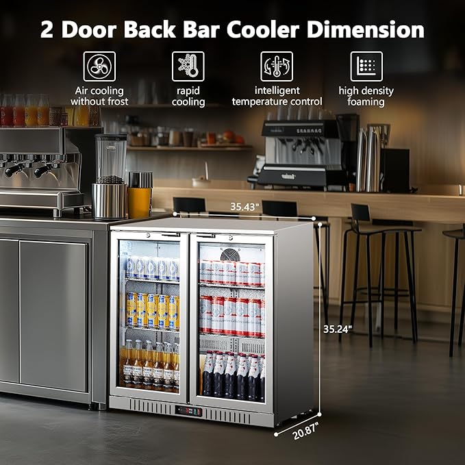 BODEGA BODEGACOOLER Back Bar Cooler With 2 Glass Doors,7.4 Cu.Ft Stainless Steel Commercial Back Bar Fridgewith LED Lighting, Counter Height Bar Beverage Cooler for Beer,Soda Drinks,Wine