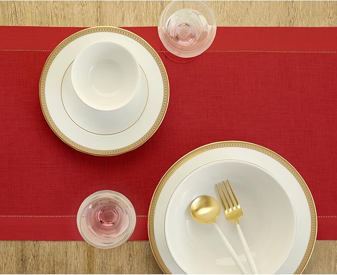 Solino Home Linen Red Table Runner 144 Inches Long - 100% Pure Linen Extra Long Table Runner 14 x 144 Inch for Valentines, Holiday, Winter, New Year - Classic Hemstitch