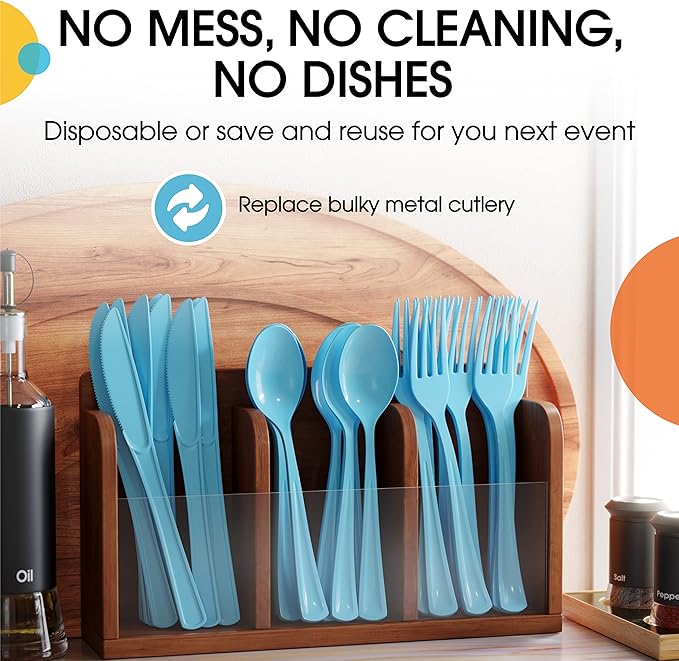 Party Solids Disposable Light Blue Plastic Spoons 200 Pcs - Heavy Duty, Modern, Elegant Plastic Disposable Cutlery