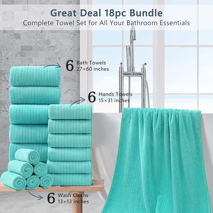 18 Piece Bath Towels Set,Ultra Soft Family Bathroom Towel Set with Hanging Loops-6 Bath Towels,6 Hand Towels,6 Washcloths,Highly Absorbent Quick Dry Shower Towel for Bathroom,Hotel,Spa-Teal Towel Set