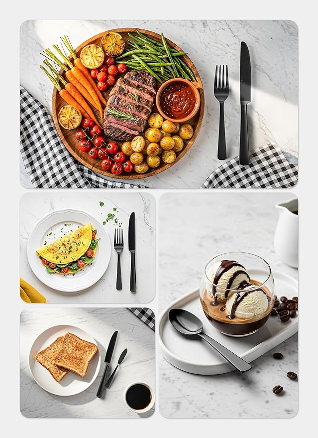 Black Silverware Set, 20-Piece Flatware Set Service for 4, Durable Stainless Steel, Mirror Polished Tableware Eating Cutlery Set, Kitchen Utensils Set with Steak Knives, Dishwasher Safe