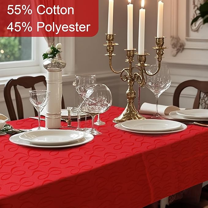 Red Christmas Table Cloths Rectangle 60 x 102 Washable, Reusable Tablecloths for 8ft Tables (Seats 8-10) - Cotton Polyester, Wrinkle Free, Red Holiday Table Cover for Party & Dining, Bowtie Jacquard
