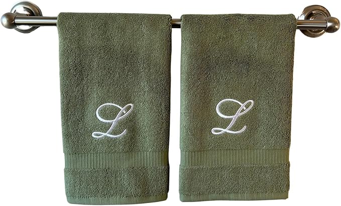 Sage Monogrammed Hand Towels for Bathroom - Luxury Hotel Quality Personalized Initial Embroidered Towel for Powder Room, Spa - GOTS Organic Certified - Set of 2 White Letter L