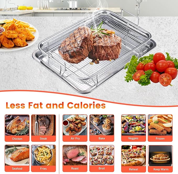 Air Fryer Basket for Oven,2 Pieces 11.8 * 8.8'' Non-stick Steel Mesh Grill Basket Air Fryer Baking Tray Accessories Rack Roasting Basket for Convection Oven with Air Fryer, Dishwasher Safe