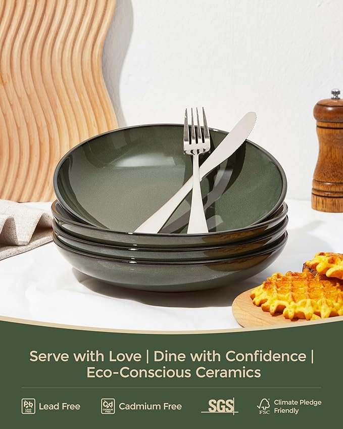 16 Piece Double Bowl Dinnerware Sets with Pasta Bowls, Highly Chip and Crack Resistant Plates and Bowls Sets, Natural Earthyware Ceramic Dishware Sets, Service for 4 Blackish Green