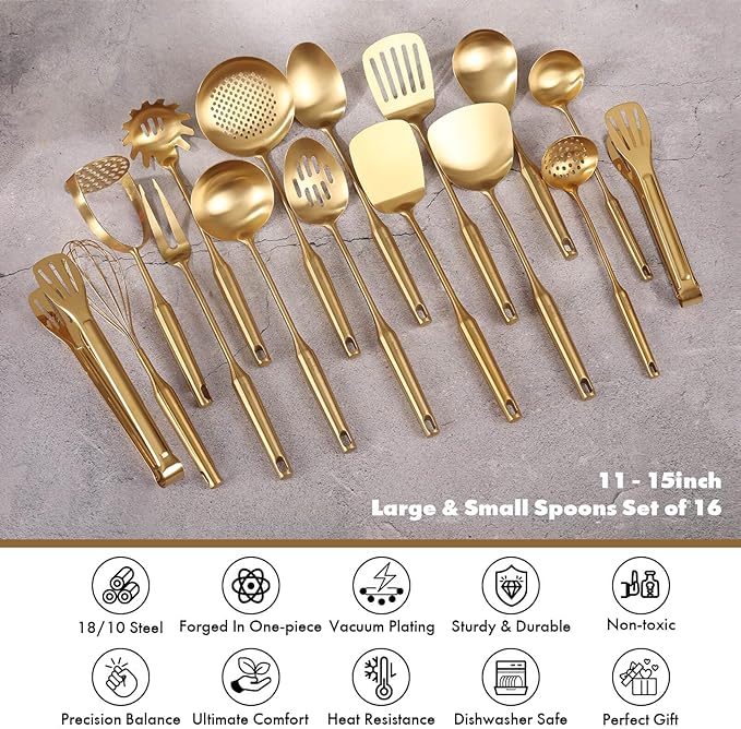 Gold Cooking Utensils Set - 18/10 Stainless Steel Small and Large Spoons Set, 16 PCS All Metal Kitchen Tools, Serving Utensils - Whisk, Masher, Fork, Tongs, Spatula, Turner, Ladle, Skimmer, Pasta