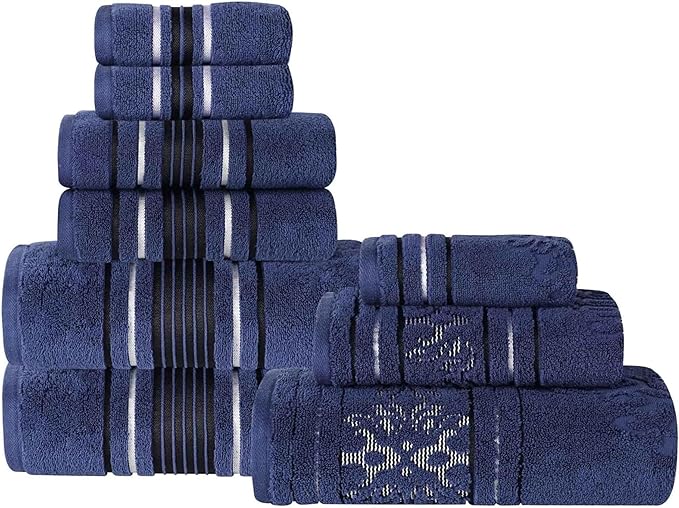 Superior Cotton 9 Piece Assorted Floral Towel Set, Includes 3 Bath, 3 Hand, 3 Washcloth/Face Towels, Quick Dry, Home Essentials, Shower, Spa, Luxury Plush Soft Absorbent Towels, Zero Twist, Navy Blue