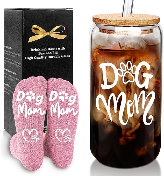 Mason Life Birthday Gift for Women, Gift for Her, Glass Cup and Sock for Dog Mom, Dog Mom Gifts for Women, Dogs Themed Gifts, 18oz Drinking Glasses with Bamboo Lid and Glass Straw