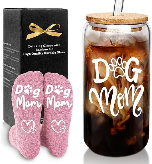 Mason Life Birthday Gift for Women, Gift for Her, Glass Cup and Sock for Dog Mom, Dog Mom Gifts for Women, Dogs Themed Gifts, 18oz Drinking Glasses with Bamboo Lid and Glass Straw