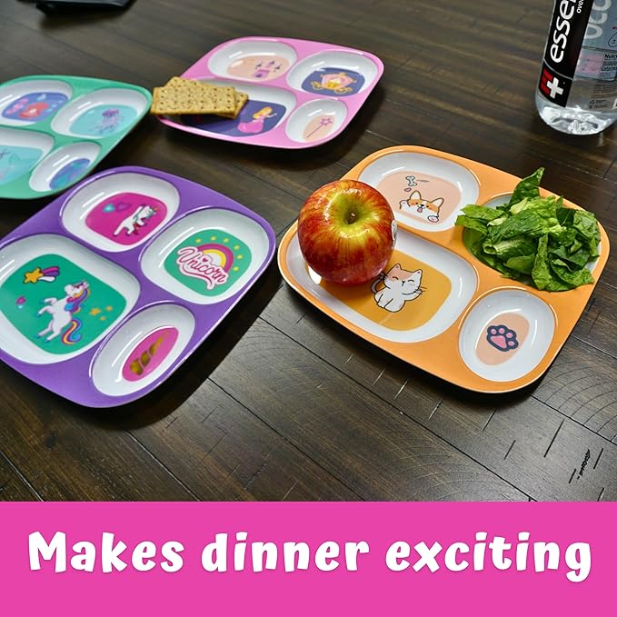 4E's Novelty 4 Melamine Dinner Plate for Kids Girls, Plastic Mealtime Divided Plates, Dinnerware Dishes Set For Toddlers Picky Eaters, BPA Free, Princess, Unicorn, Sea Life, Cat