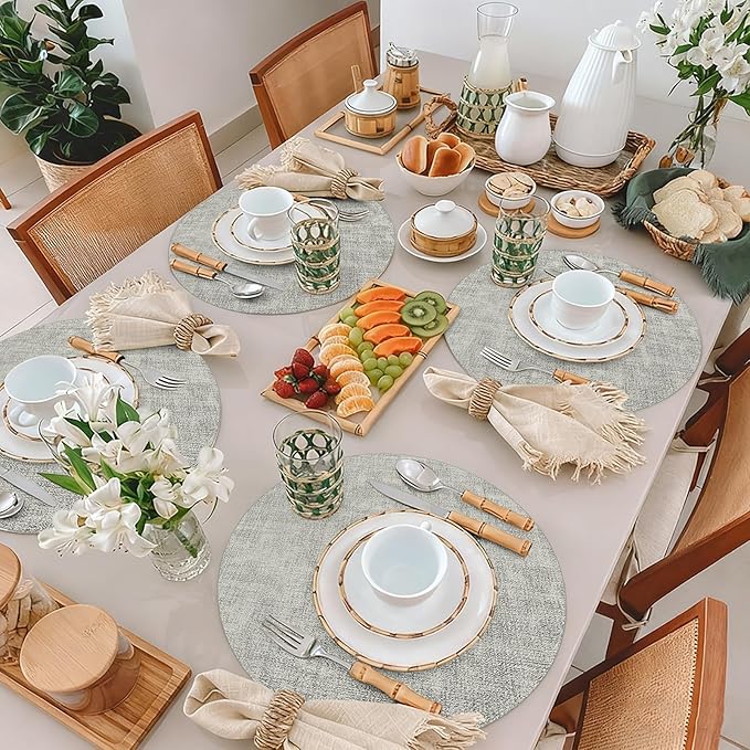 Maxpearl Round Placemats Set of 6, 13.8 inch Faux Leather Heat Resistant Table Mats, Non Slip Waterproof Wipeable Place Mats for Kitchen Dining Holiday Party Table Settings, Grey