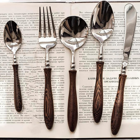 30 Piece Silverware Set Service for 6,Premium Wooden Handle Stainless Steel Flatware Set Home Include Fork Knife Spoon Set Package for Christmas and Thanksgiving（Dark Brown）