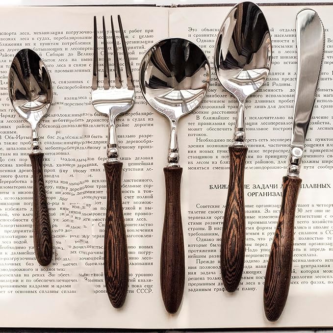 40 Piece Silverware Set Service for 8,Premium Wooden Handle Stainless Steel Flatware Set Home Include Fork Knife Spoon Set Gift Package for Christmas and Thanksgiving（Dark Brown）
