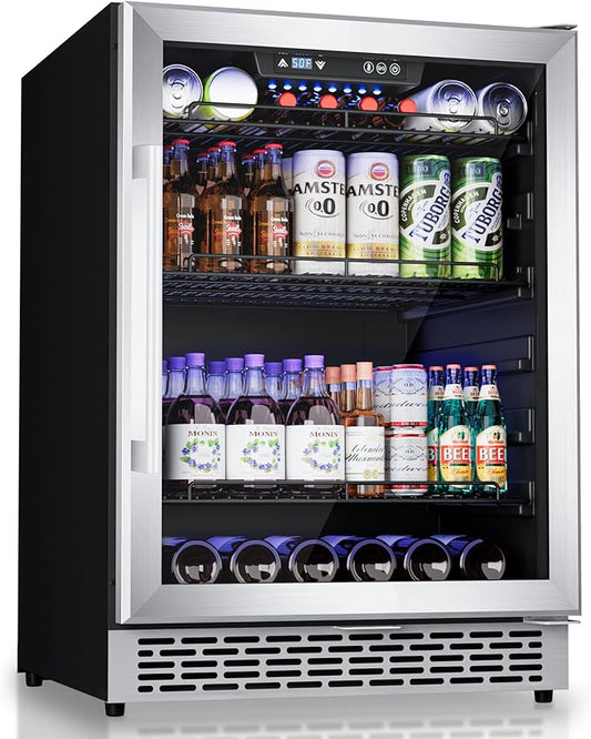 24-Inch Beverage Refrigerator, 200-Can Glass Door Cooler with Adjustable Shelves, Quiet Cooling, Freestanding or Under-Counter – Compatible with Beer, Soda, Wine, Milk, Suita