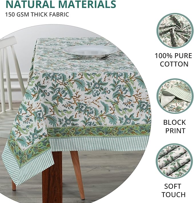 Ridhi Sage and Russian Green Hand Block Print Cotton Rectangle Tablecloth 160" x 72" inches Reusable Table Cover Decorative Everyday Use for Dining, Farmhouse, Home, Party, Festive, Wedding, Fall