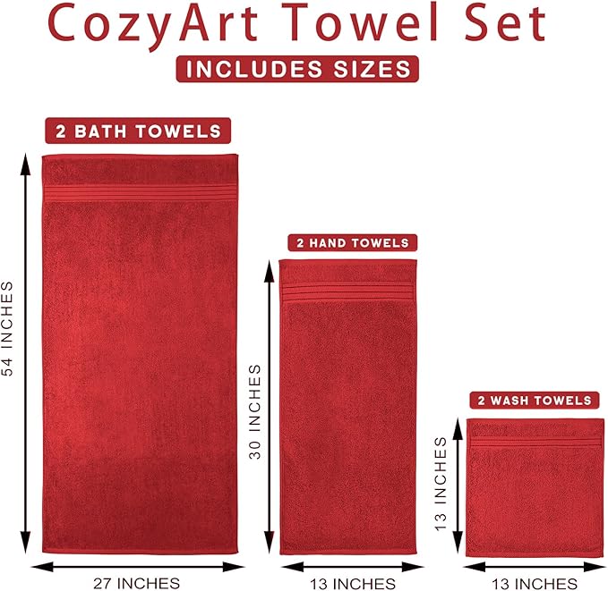 COZYART Cherry Red Bath Towels for Bathroom 6 Pcs, Turkish Cotton Bath Towel Set Super Soft Highly Absorbent Durable 650 GSM Shower Towels for Daily Use