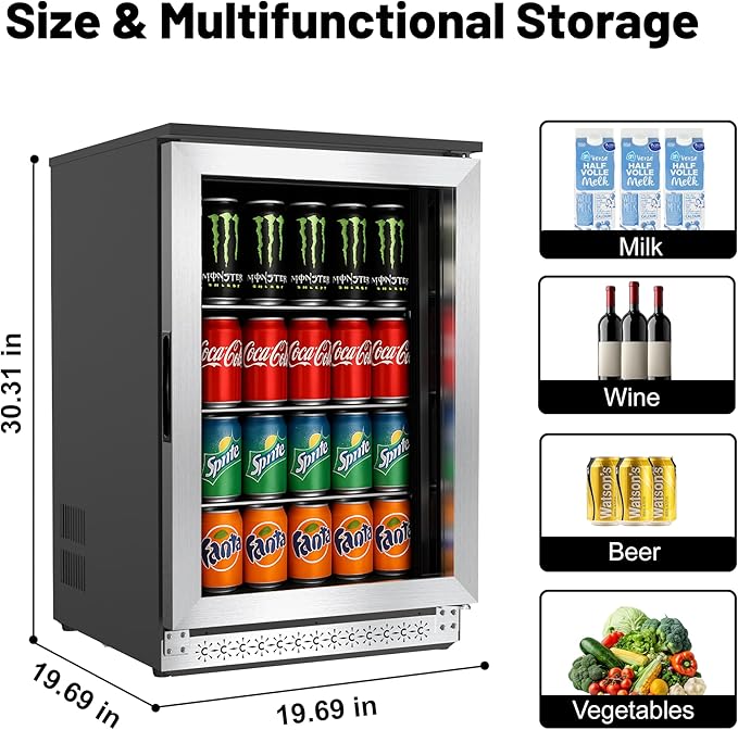 20 Inch Under Counter Beverage Fridge with Glass Door, Beverage Refrigerator Cooler 120 Can,Built in or Freestanding,Fast Cooling,Quiet ≤39 dBs,Blue LED Light Cooler for Bar, Home, Office