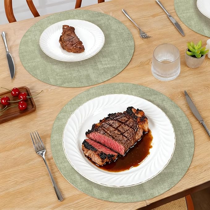 Maxpearl Round Placemats Set of 6, 13.8 inch Faux Leather Heat Resistant Table Mats, Non Slip Waterproof Wipeable Place Mats for Kitchen Dining Holiday Party Table Settings, Sage Green