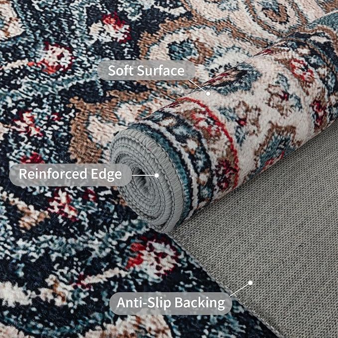 Easy-Going Area Rug 4x6 Medallion Distressed Washable Rugs for Living Room Non-Slip Bedroom Rug Low Pile Lightweight Vintage Retro Throw Rug for Dining Room Kitchen Home Office Carpet, Teal Brick