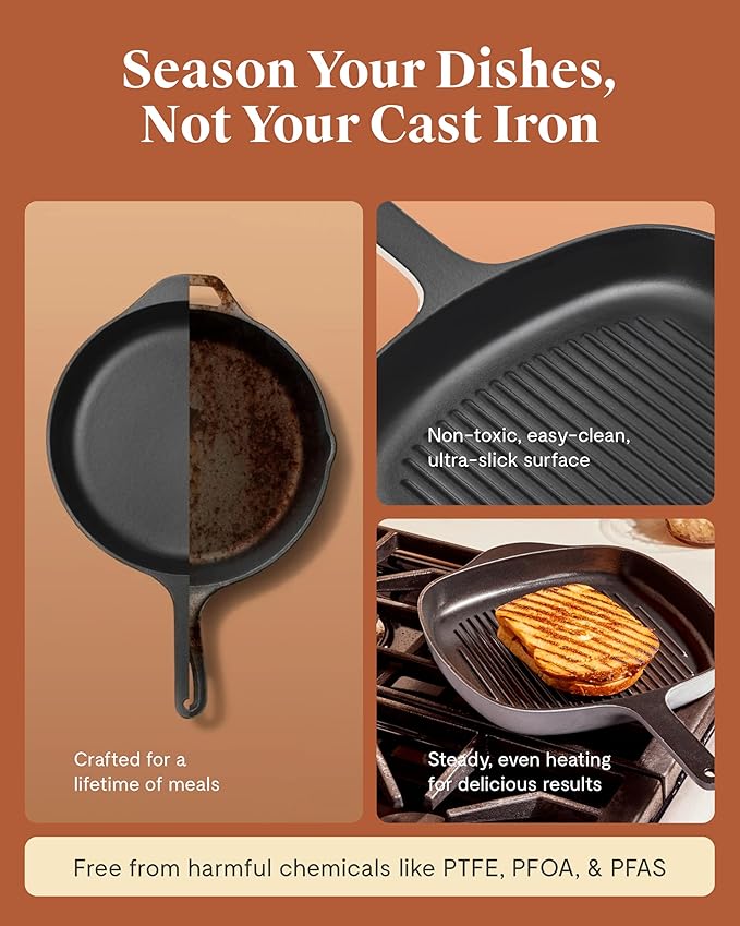 Caraway Enameled Cast Iron Grill Pan - 10.5” Grill Pan for Stovetop Cooking - 3 Layer Enamel Coating - No Seasoning Required - Compatible With All Stovetops - Free From Forever Chemicals - Cream