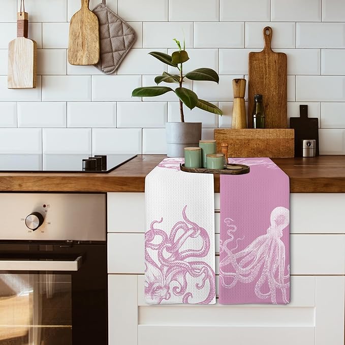 Coastal Pink Octopus Beach Decor Dish Hand Tea Towels for Bathroom Kitchen, Girly Preppy Octopus Ocean Nautical Beachy Bathroom Decor, Coastal Kitchen Towels and Dishcloths Sets of 2, 16x24In