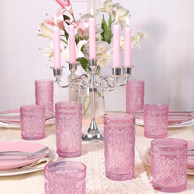 Pink Glassware set of 4, Vintage Drinking Glasses, 10oz Pink Heavy Duty Glass Cups, Old Fashioned Glass, Embossed Glasses Set for Party Wedding Home Office Glassesware Gift