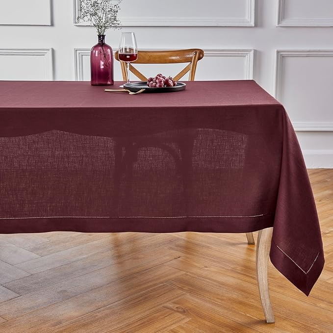 Solino Home Linen Burgundy Tablecloth 60 x 120 Inch - Classic Hemstitch, 100% Pure Linen Rectangular Tablecloth - Machine Washable Table Cloth for Holiday, Winter, Valentines