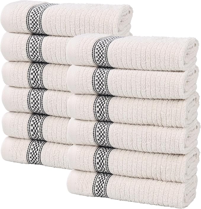 Superior Cotton Face Towel/Washcloth Set, Zero Twist, Ribbed Geometric, Small Facial Towels, Spa, Hotel, Guest, Home, Bathroom Basics, Plush Soft Absorbent, Luxury Quick Drying, Set of 12, Stone