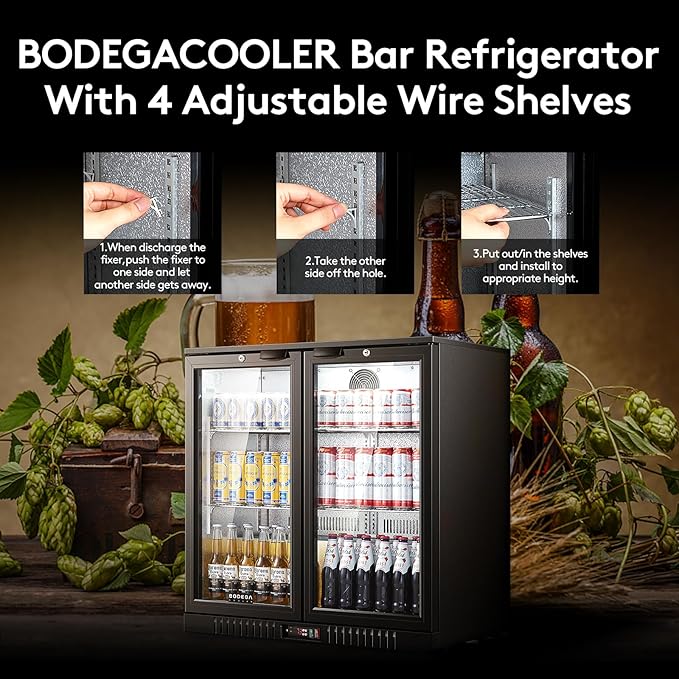 BODEGACOOLER Back Bar Cooler with 2 Doors Under Counter ,7.4cu.ft Glass Door Bar Refrigerator with LED Lighting,Black Bar Cooler,Built-In or Under Counter Freestanding Hold 68 bottles or 220 cans