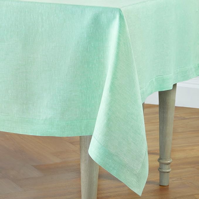 Solino Home Linen Tablecloth 60 x 90 Inch - 100% Pure Linen Chambray Aqua Table Cloth for Rectangle Tables - Athena, Machine Washable Tablecloth