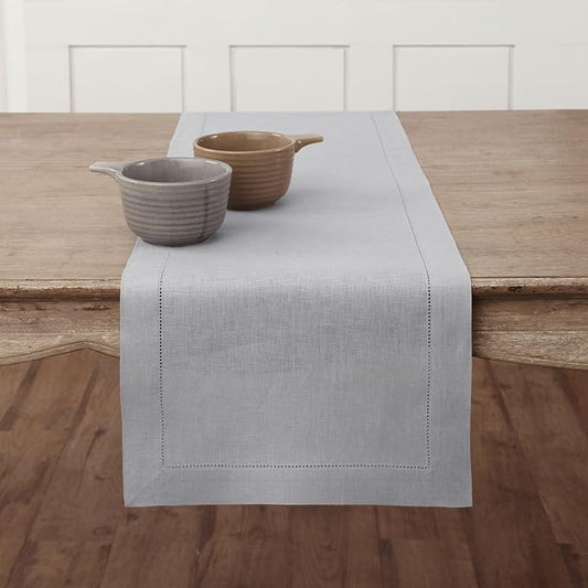 Solino Home Linen Soft Grey Table Runner 132 Inches Long - 100% Pure Linen Extra Long Table Runner 14 x 132 Inch for New Year - Classic Hemstitch