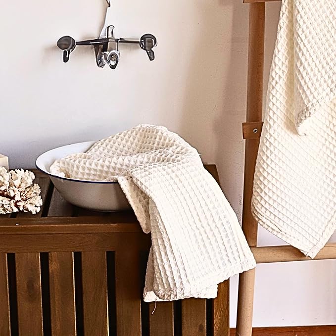 4-Piece Waffle Towels Set for Bathroom - Soft 100% Turkish Cotton Quick-Dry Lint-Free Waffle Weave Thin Bath and Hand Towels (Natural, 2 Bath & 2 Hand Towel Set)