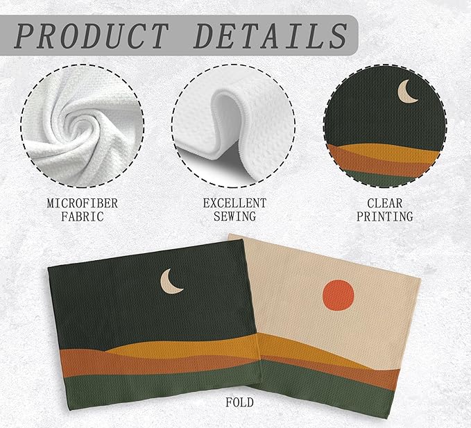 Abstract Boho Sun Moon Mountain Lake Landscape Kitchen Towels and Dishcloths Sets of 2,Boho Absorbent Drying Cloth Hand Towels Tea Towels for Bathroom Kitchen,Boho Gifts for Women Girls,16×24 inches