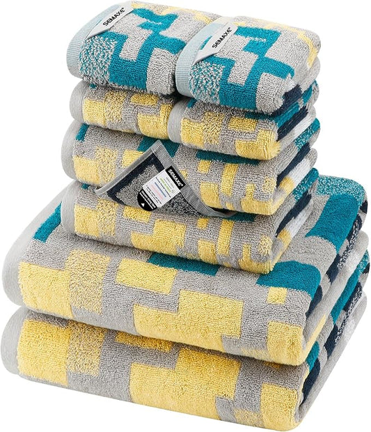 SEMAXE Bath Towel Set of 8 Include 2 Bath Towels 2 Hand Towels 4 Washcloths, 100% Cotton Bathroom Towels with Hanging Loops and Nano-Bio Lifecycle Labels, Colorful Towel - Checkered Collection