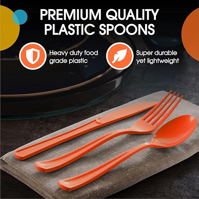 Party Solids Orange Plastic Spoons 200 Pieces Orange Spoons Disposable Utensils Heavy Duty Plastic Cutlery Set Disposable Cutlery Sets Flatware Sets Silverware Set Party Supplies & Party Tableware