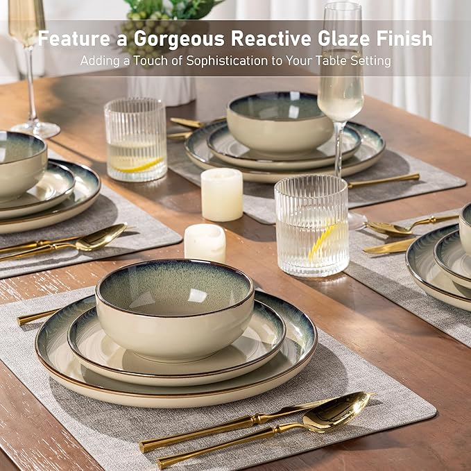 GBHOME Ceramic Dinnerware Sets for 6, 18 Pieces Stoneware Plates and Bowls Sets, Reactive Glaze Dishes -Scratch Resistant, Dishwasher&Microwave Safe,Pale Khaki