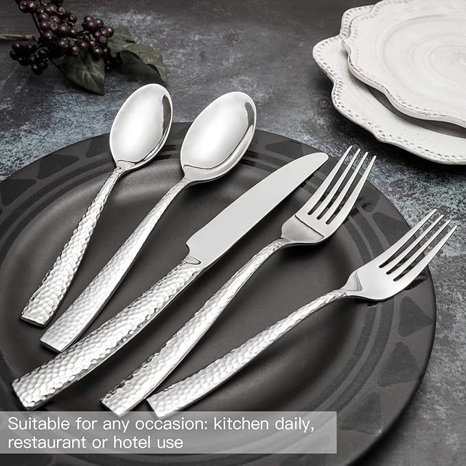 Silverware Set Flatware Set Hand Forged Stainless Steel Cutlery Set Hammered Pattern Mirror Polished 60 Pieces Home Event Use Service for 12