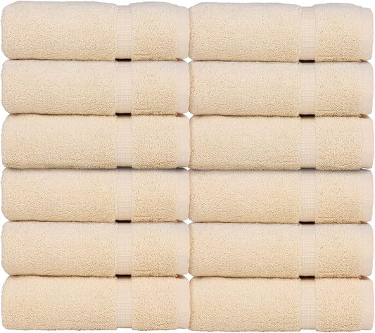 Luxury Hotel & Spa Towel 100% Genuine Turkish Cotton Wash Cloths - Beige - Dobby Border - Set of 12