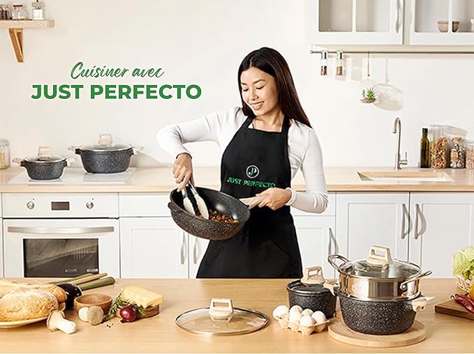 JUST PERFECTO Kitchen Pots and Pans Set with Lids Non Stick - Induction Pots Set - Pots & Pans Set without PTFE and PFOA - Cookware Pot Set Induction 21 Pcs (black)