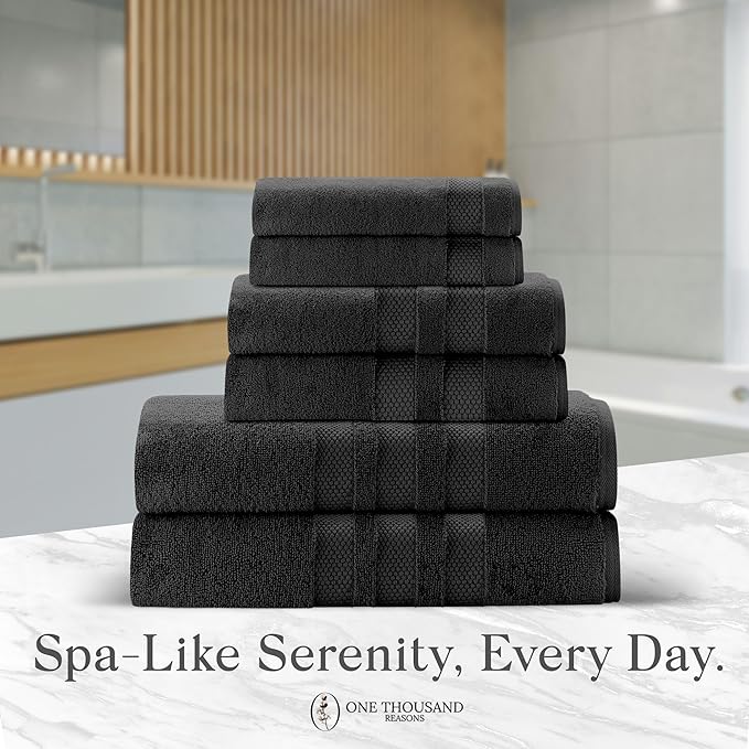 Premium Staple Cotton Bathroom Towel Set - Black 600 GSM 6-Piece Luxury Bath Towel Set 3 Stripe - 2 Bath Towels, 2 Hand Towels & 2 Washclothes Set - High Absorbent & Quick Dry for Gym, Spa, Hotel