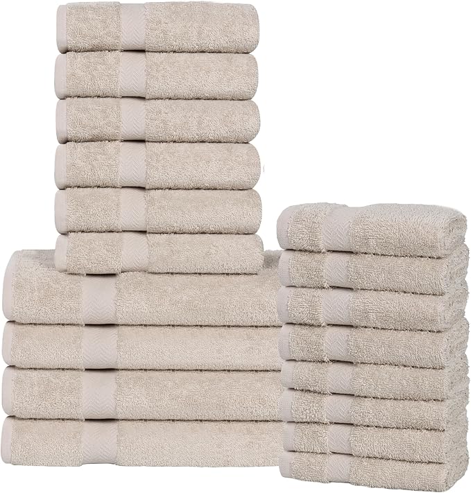 Superior 18-Piece Cotton Assorted Towel Set, Includes 8 Face/Washcloths, 6 Hand, and 4 Bath Towels, Lightweight Essentials, for Home, Gym, Beach, Bathroom, Quick Drying, Franklin Collection, Stone