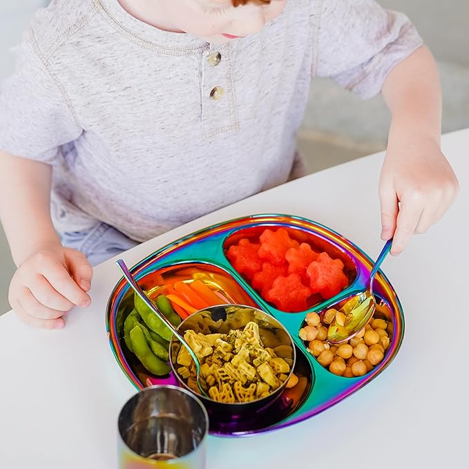 Ahimsa Stainless Steel Kids Utensils - 8 Pieces Kids Fork and Spoon Set, Pediatrician Designed Rainbow Silverware Set, 100% BPA Free & Dishwasher Safe (Rainbow)